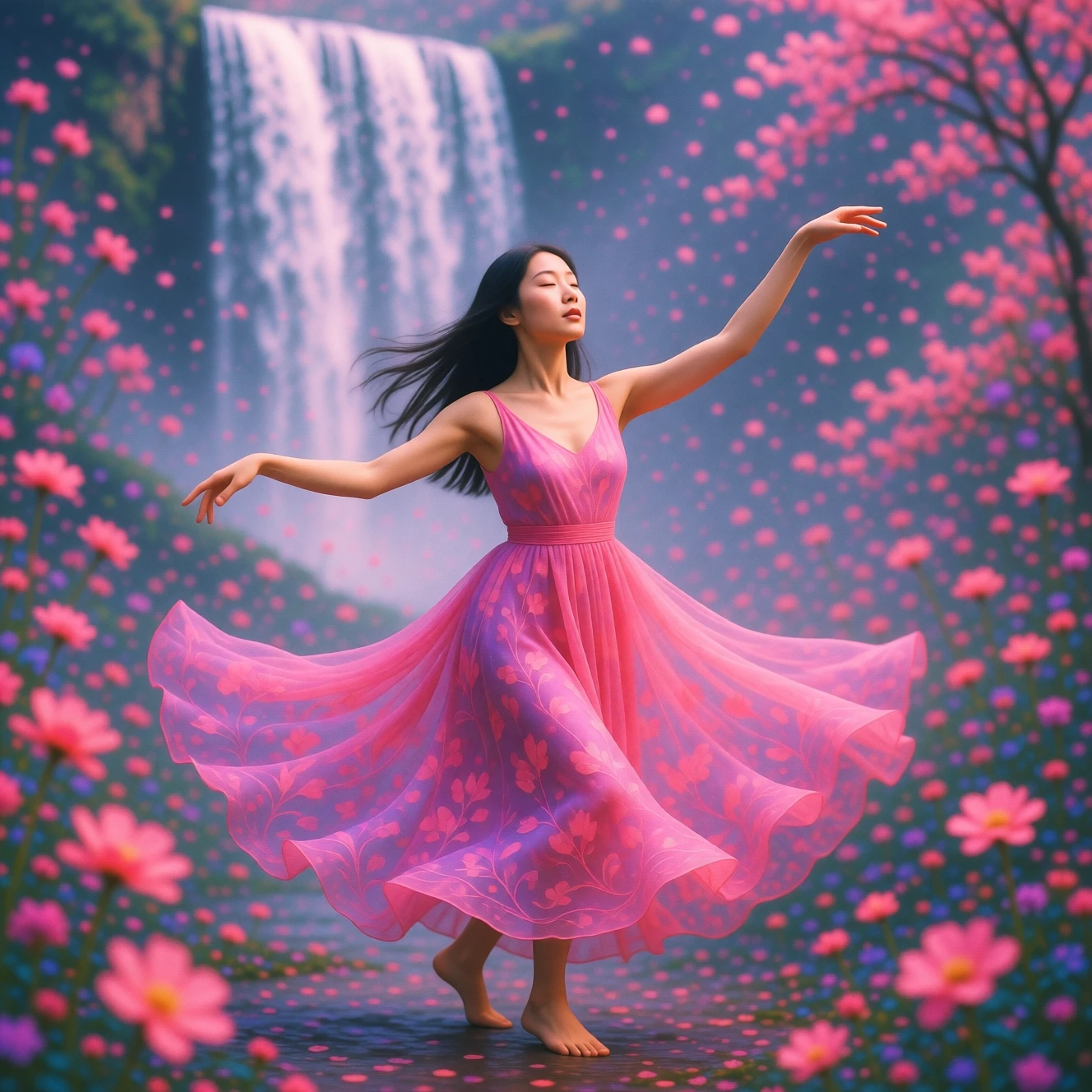 Asian woman dancing in a dreamy floral waterfall scene