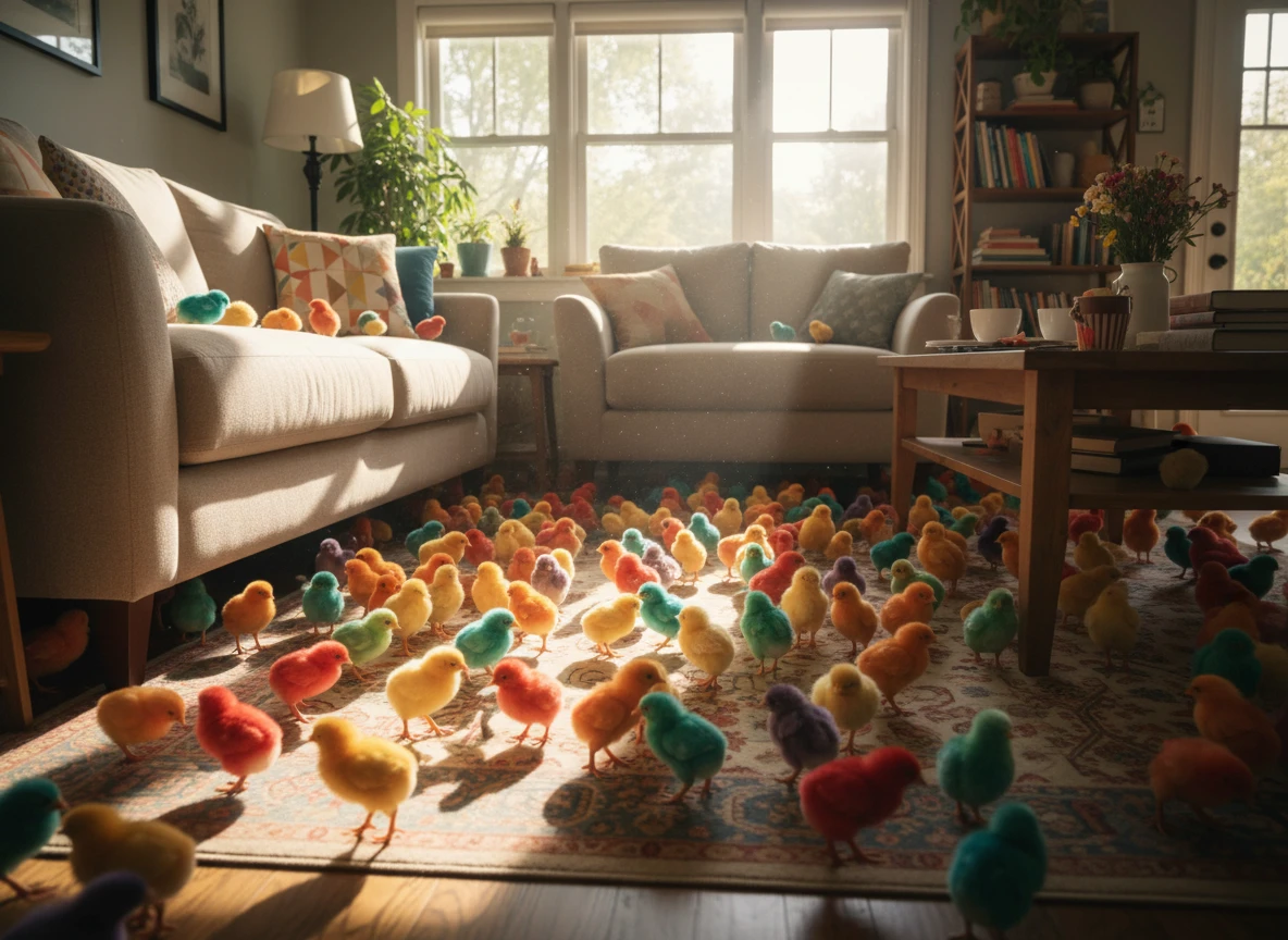 Sunny living room floor filled with colorful chicks