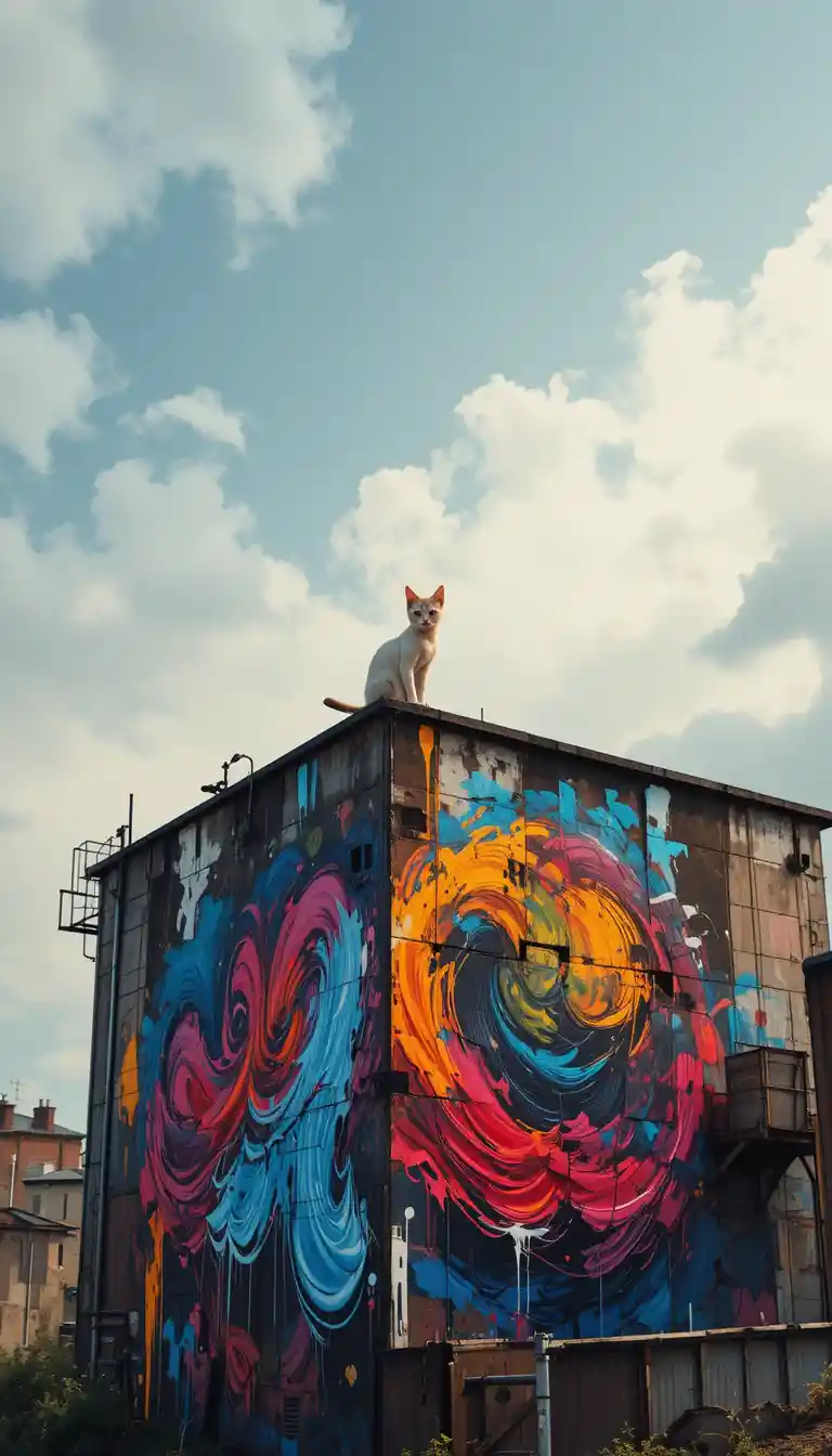 Verlorenes Kätzchen vor bunter Graffiti-Wand eines verlassenen Gebäudes