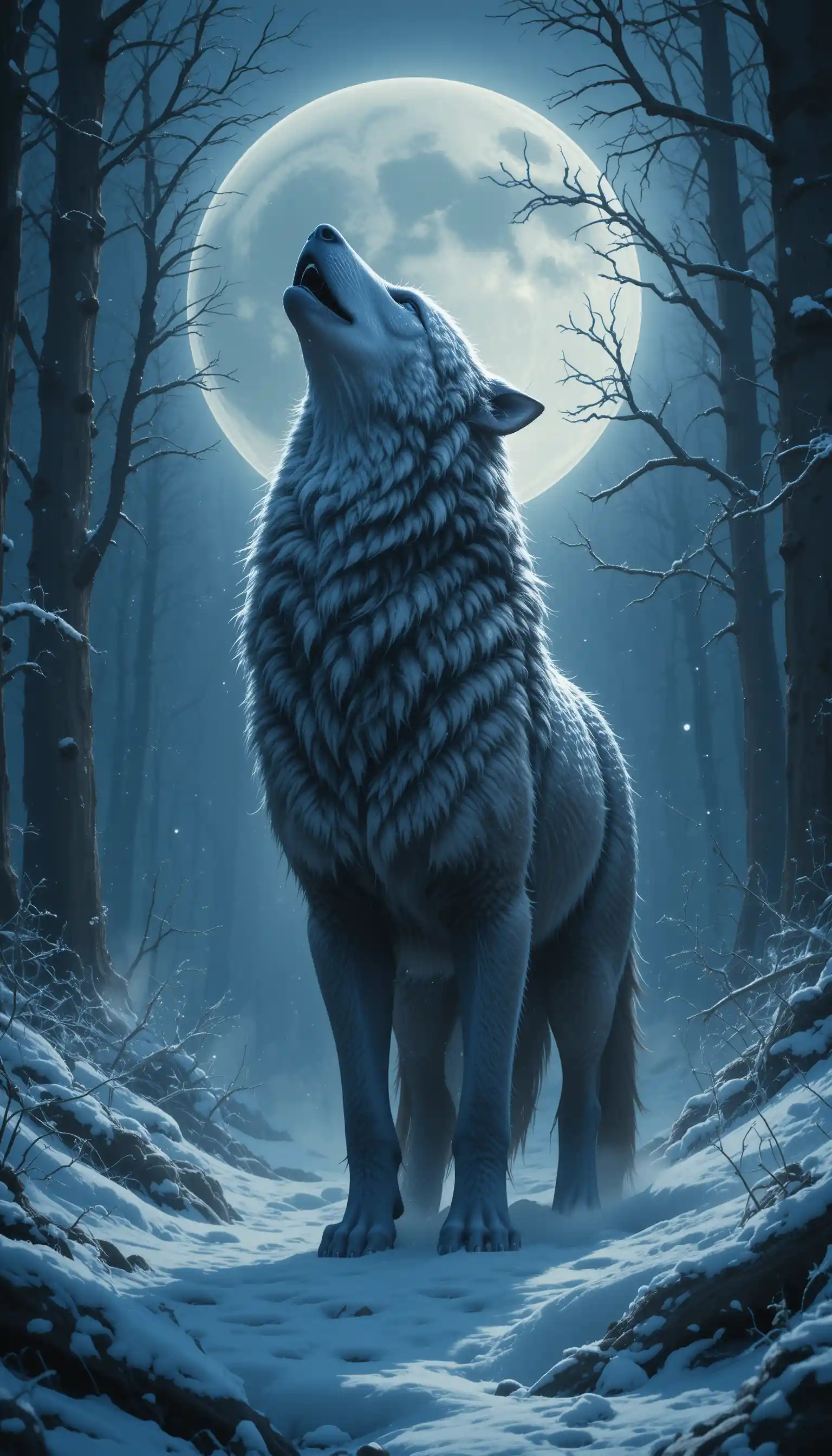 Lobo cinzento uivando em uma floresta nevada ao crepúsculo