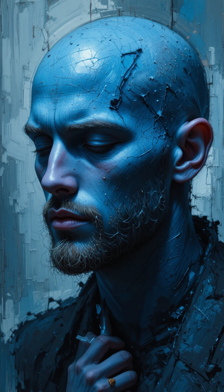 Retrato de homem careca de pele azul com expressão contemplativa