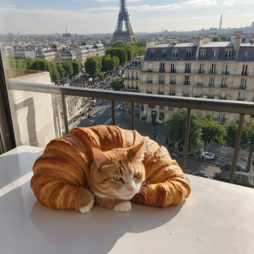 Gato descansando em uma mesa com vista para a Torre Eiffel