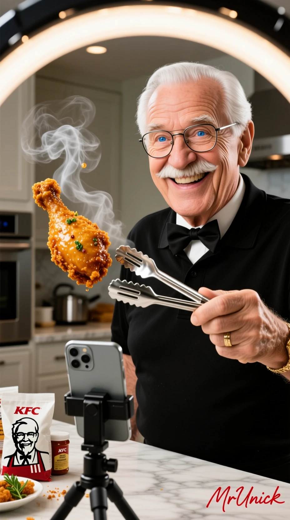 Lächelnder älterer Mann präsentiert frittiertes Hähnchen in der Küche