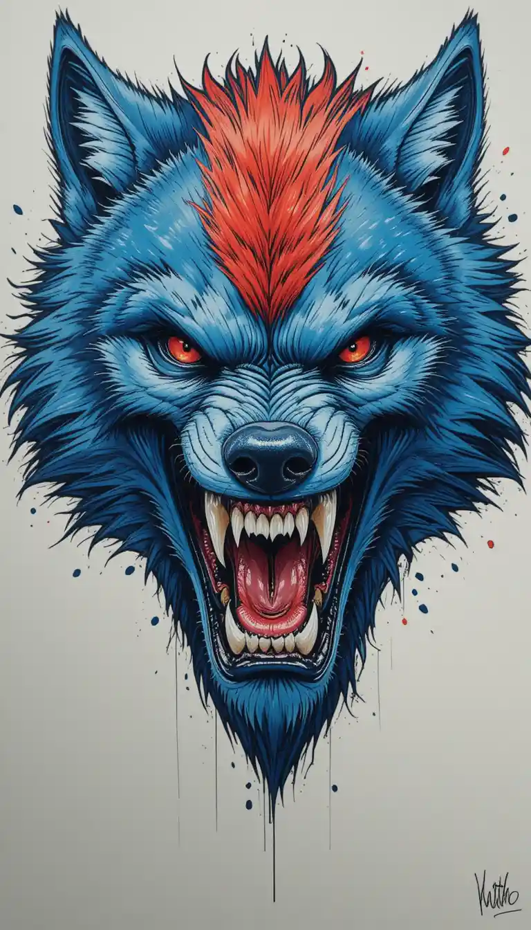 Cabeça de lobo azul feroz com olhos e pelos vermelho-fogo