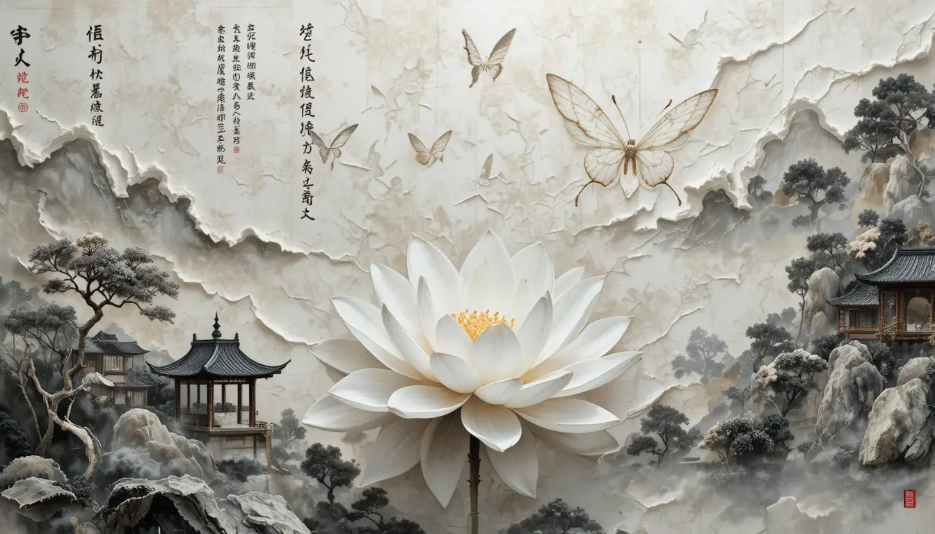 Minimalist white lotus with butterfly over abstract manuscript