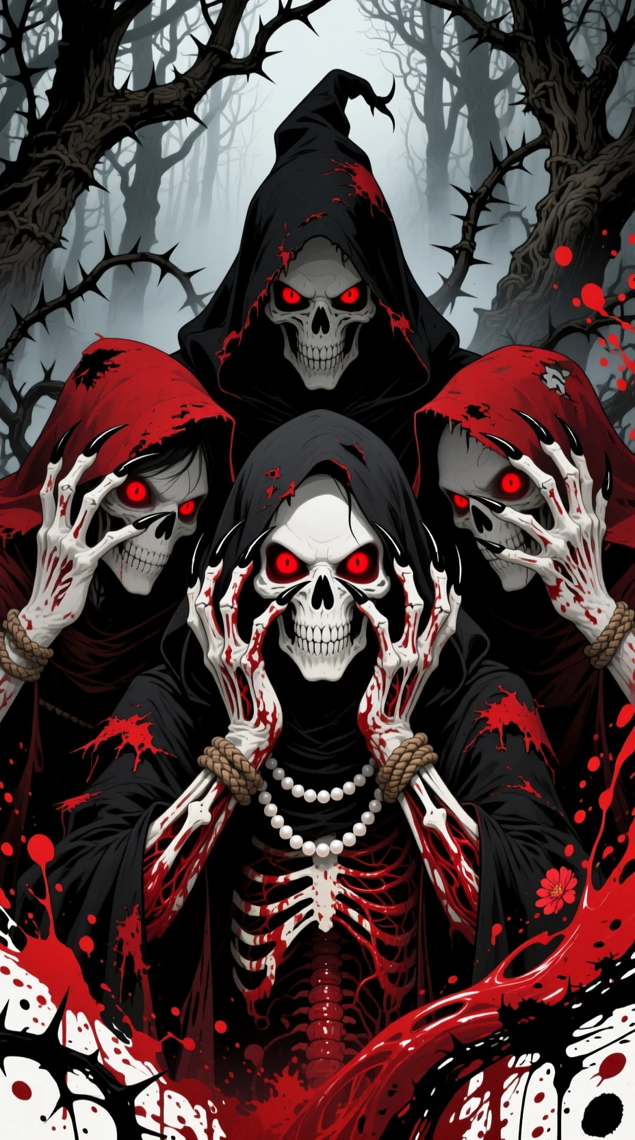 Close up coven of cloaked witches in a dark forest