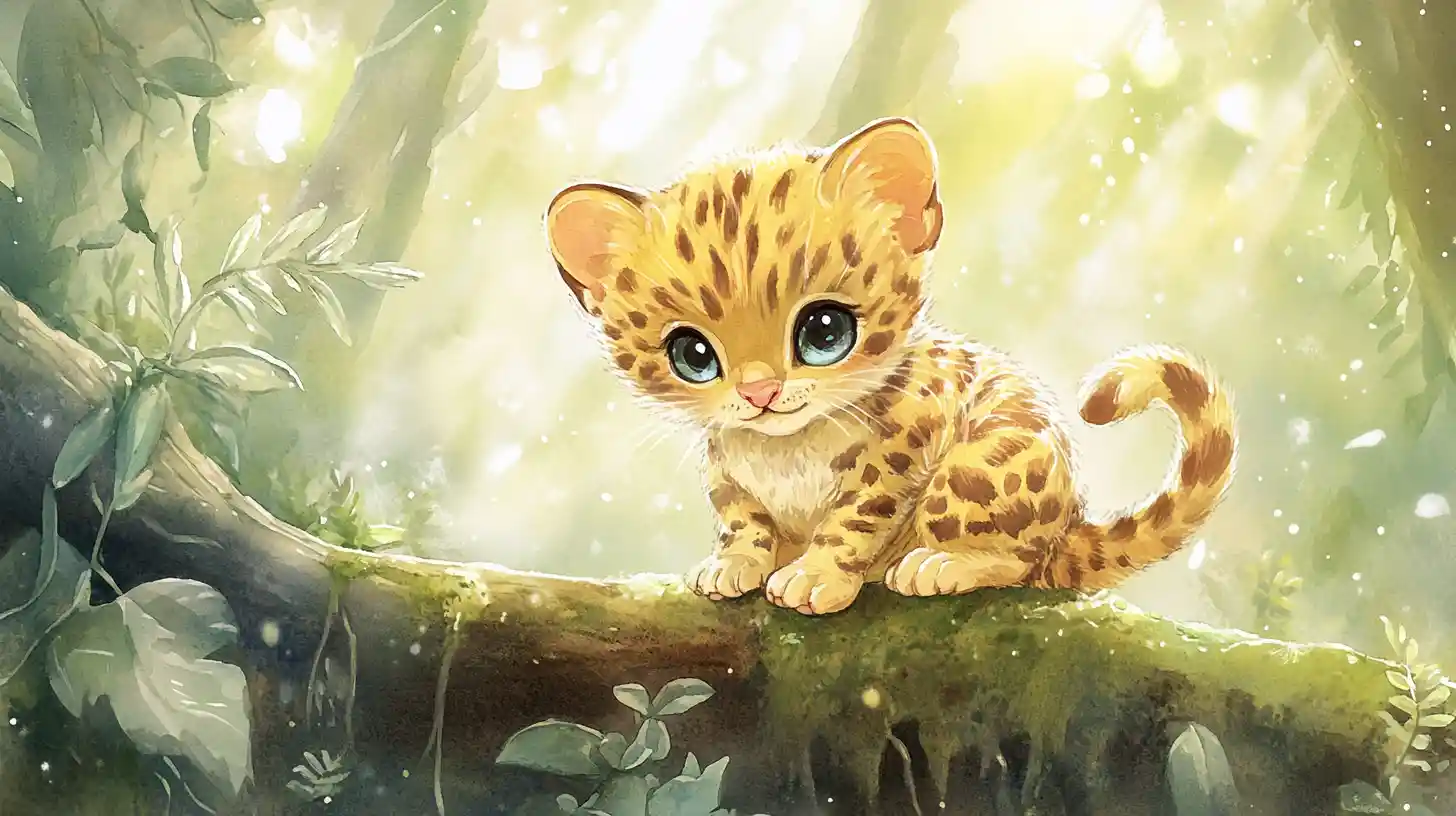 Bébé ocelot potelé sur rondin moussu dans une jungle en aquarelle