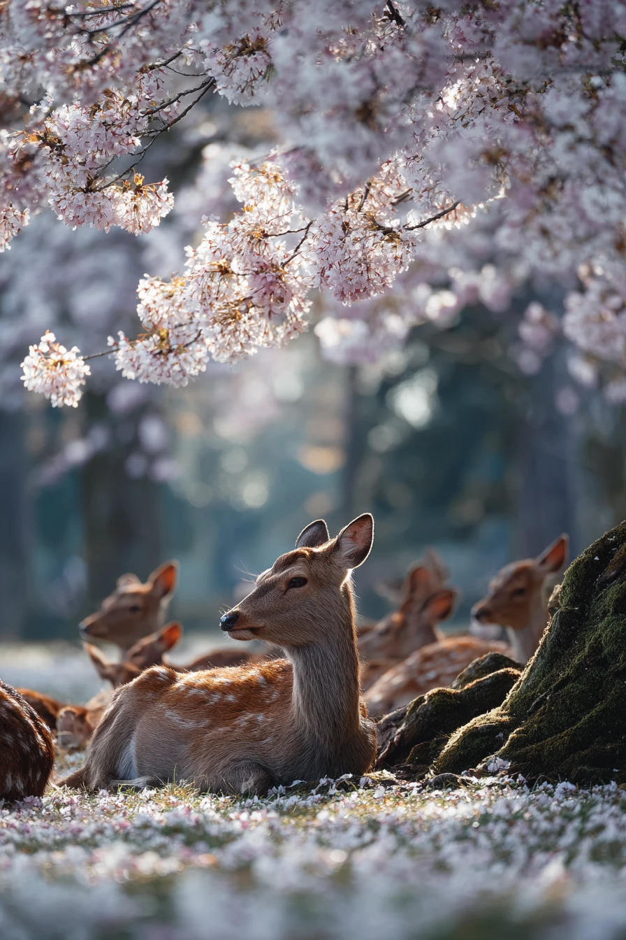 Veados-sika descansando sob as flores de cerejeira na primavera no parque de Nara