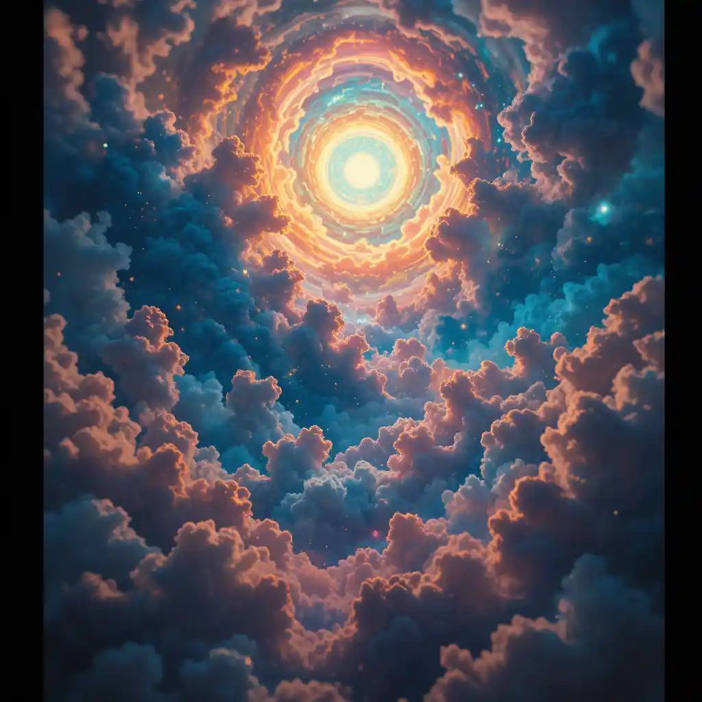 Reame celestiale surreale con nuvole iridescenti turbinanti