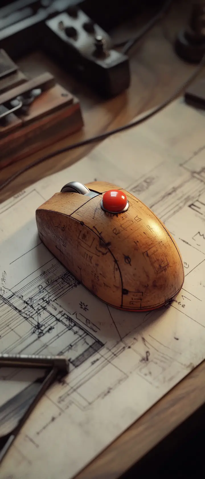 Prototipo di mouse per computer in legno vintage su scrivania antica