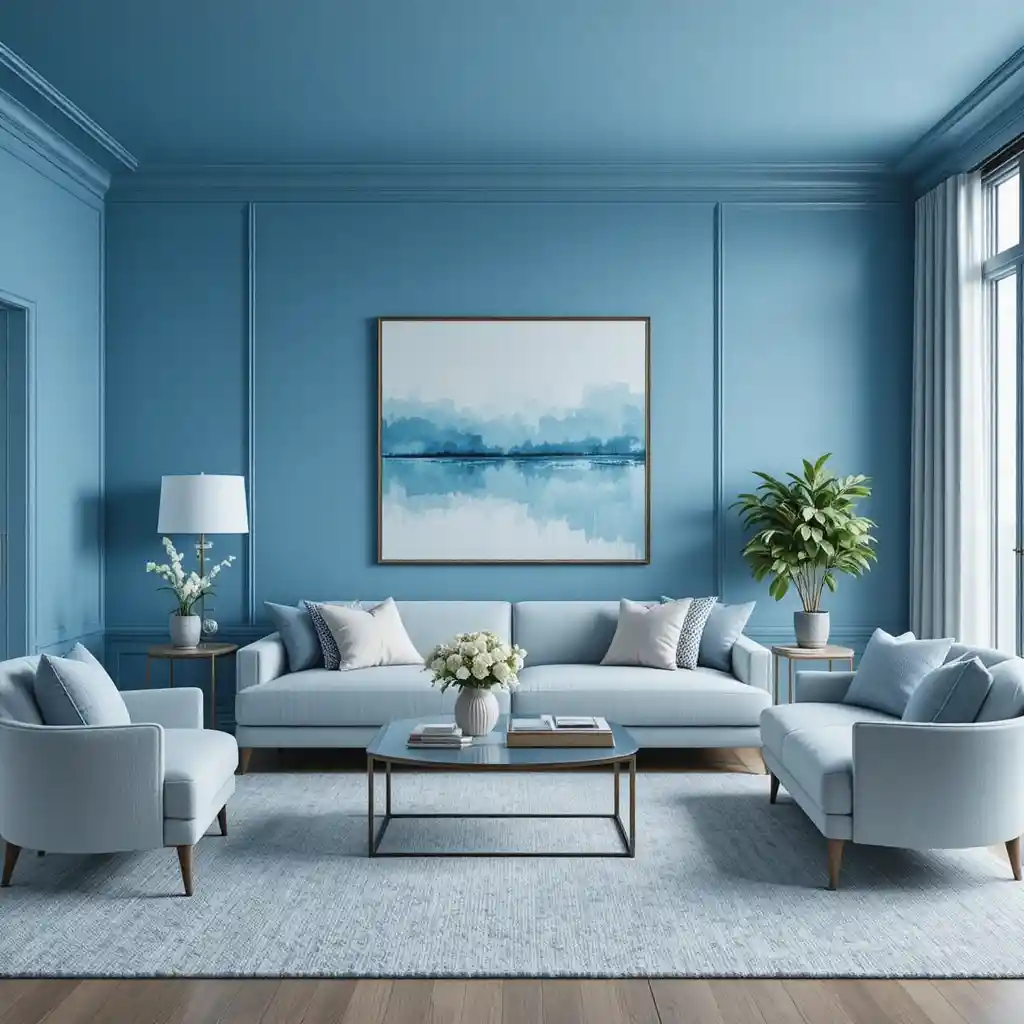 Soggiorno blu tranquillo con arredo semplice e lussuoso