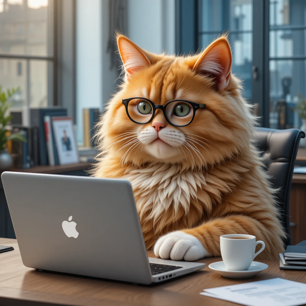 Gato laranja de óculos digitando em uma mesa de escritório moderna