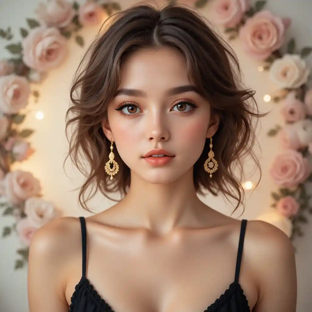 Young woman portrait with floral frame and soft light