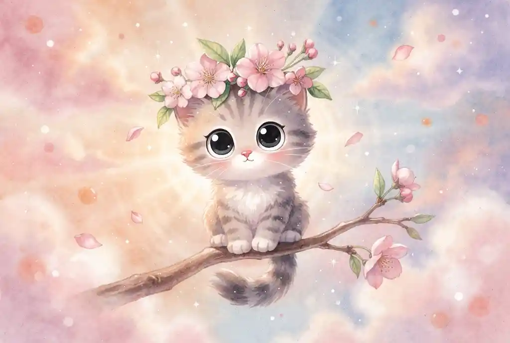 Cute watercolor cartoon kitten on a cherry blossom branch