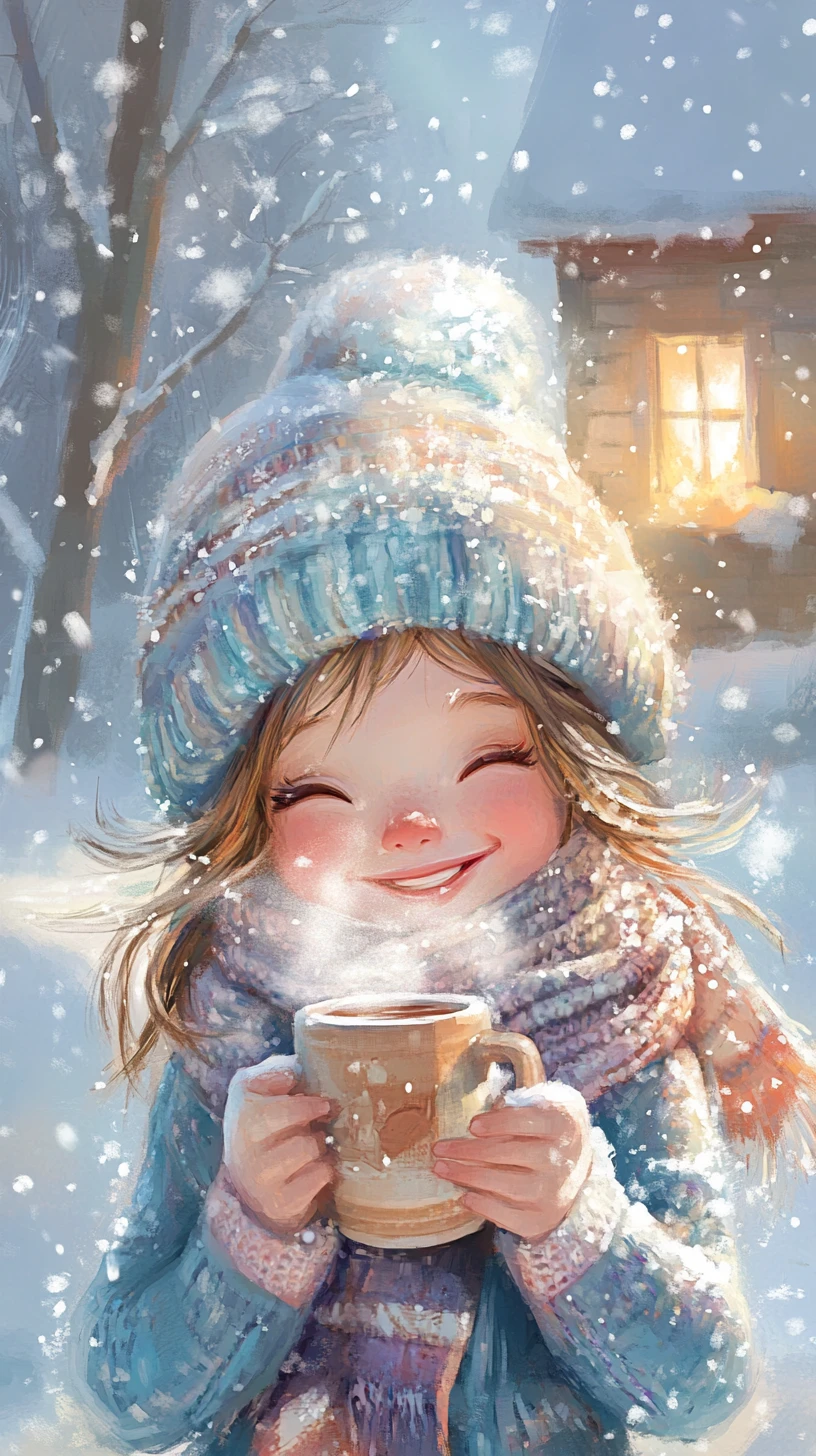 穏やかな冬景色でココアを飲む笑顔の女の子