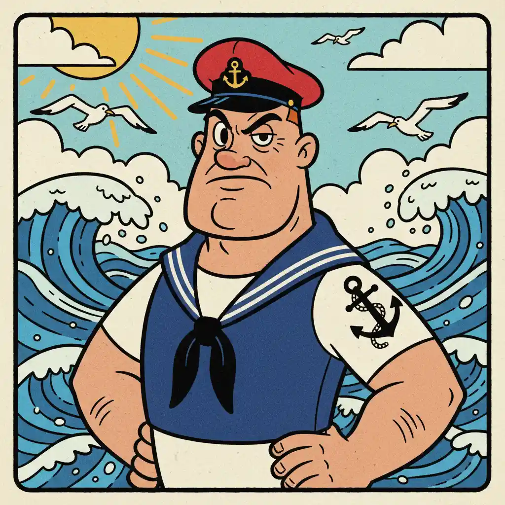 Marinheiro de desenho animado com tatuagem de âncora à beira-mar