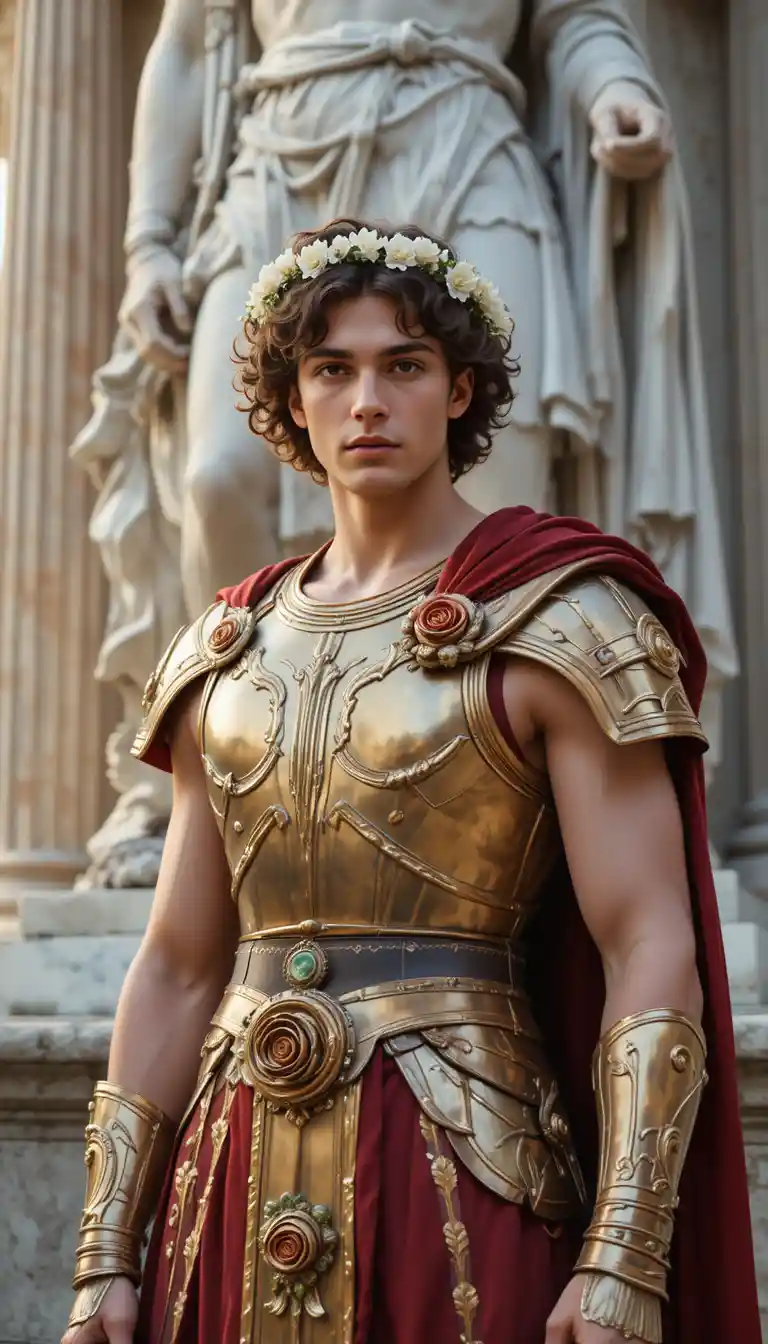 Young hero in golden roman armor before marble statue