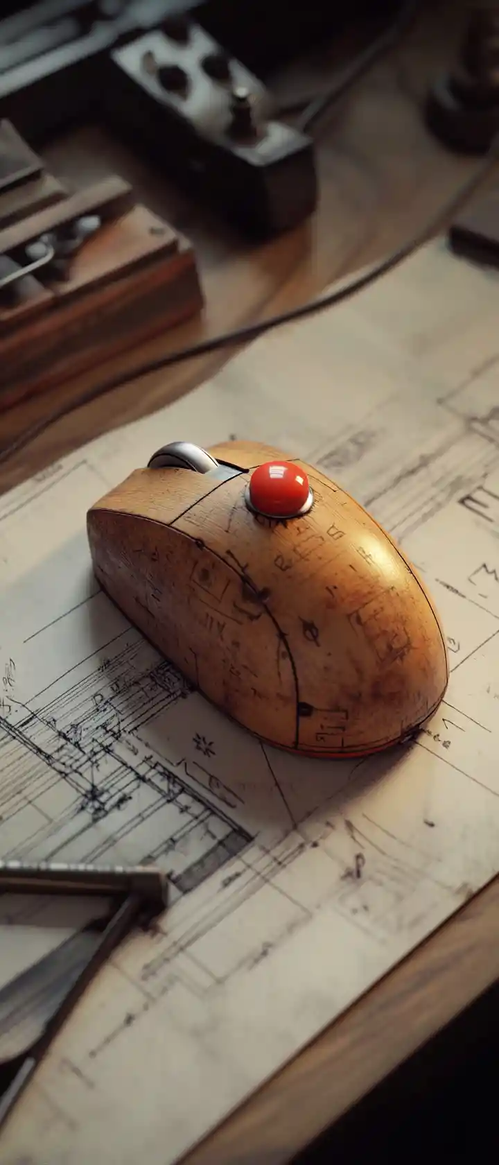 Prototipo di mouse per computer in legno vintage su scrivania antica