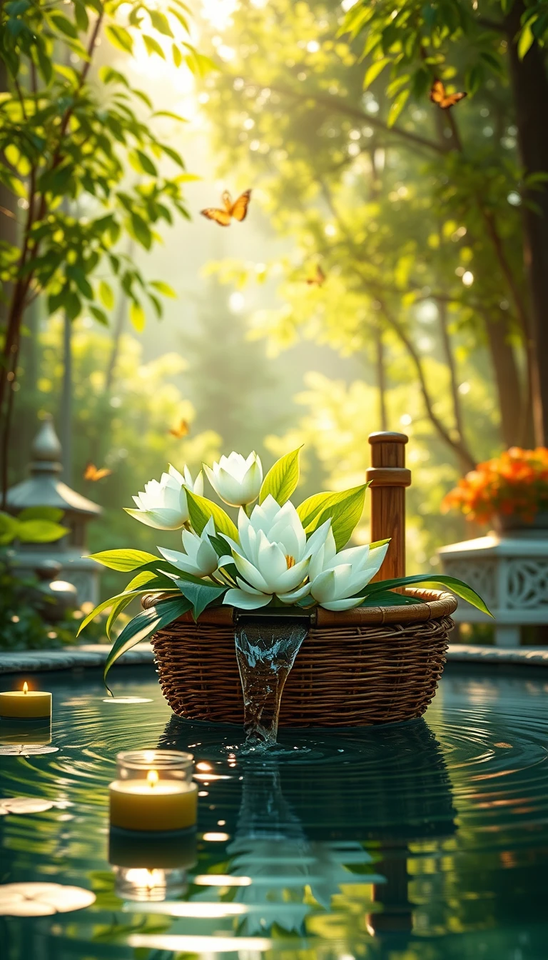 Cena de spa em floresta zen com flores de lótus e bambu