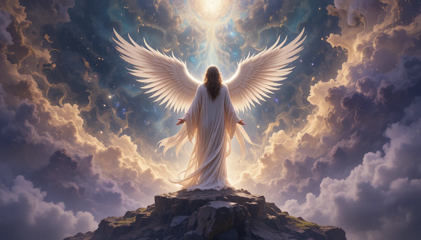 Figura angelical em uma plataforma de cristal sobre uma nebulosa luminosa