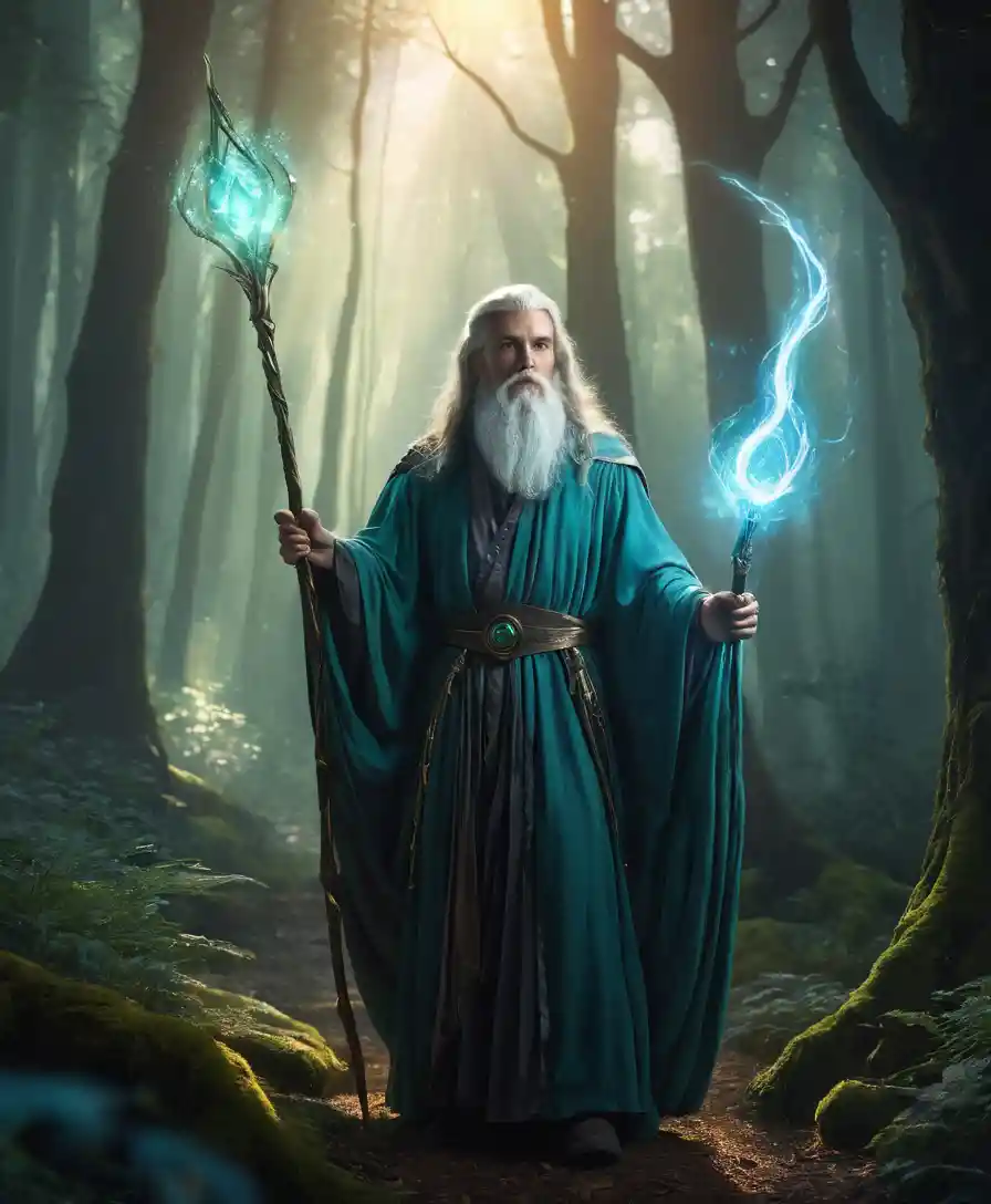 Fantasy-Zauberer mit leuchtendem Stab im mystischen Wald