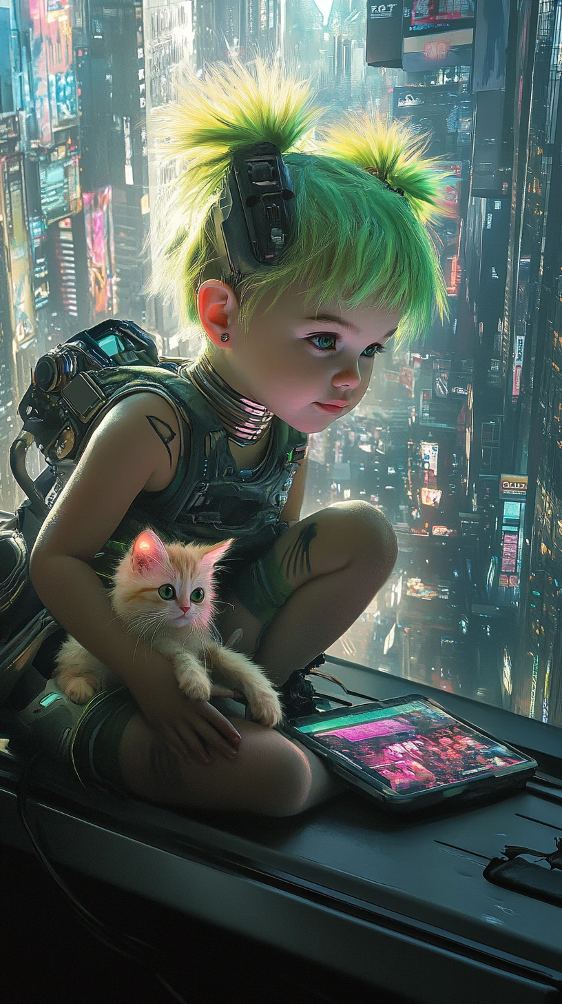 Cute cyberpunk baby girl playing with kitten by window