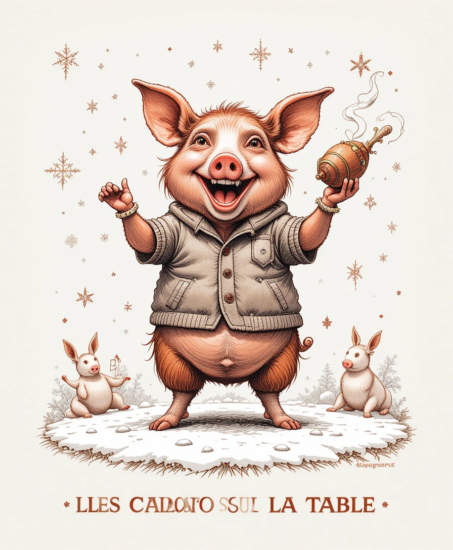 Festive anthropomorphic pig with roast poultry in engraving style