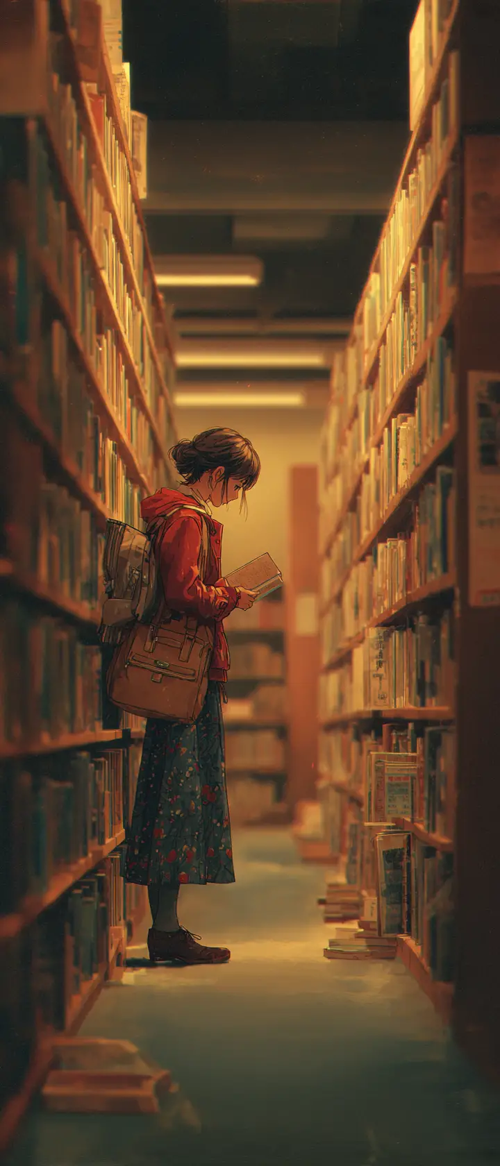 Frau, die sich in einer Bibliothek von einem Kinderbuch verabschiedet
