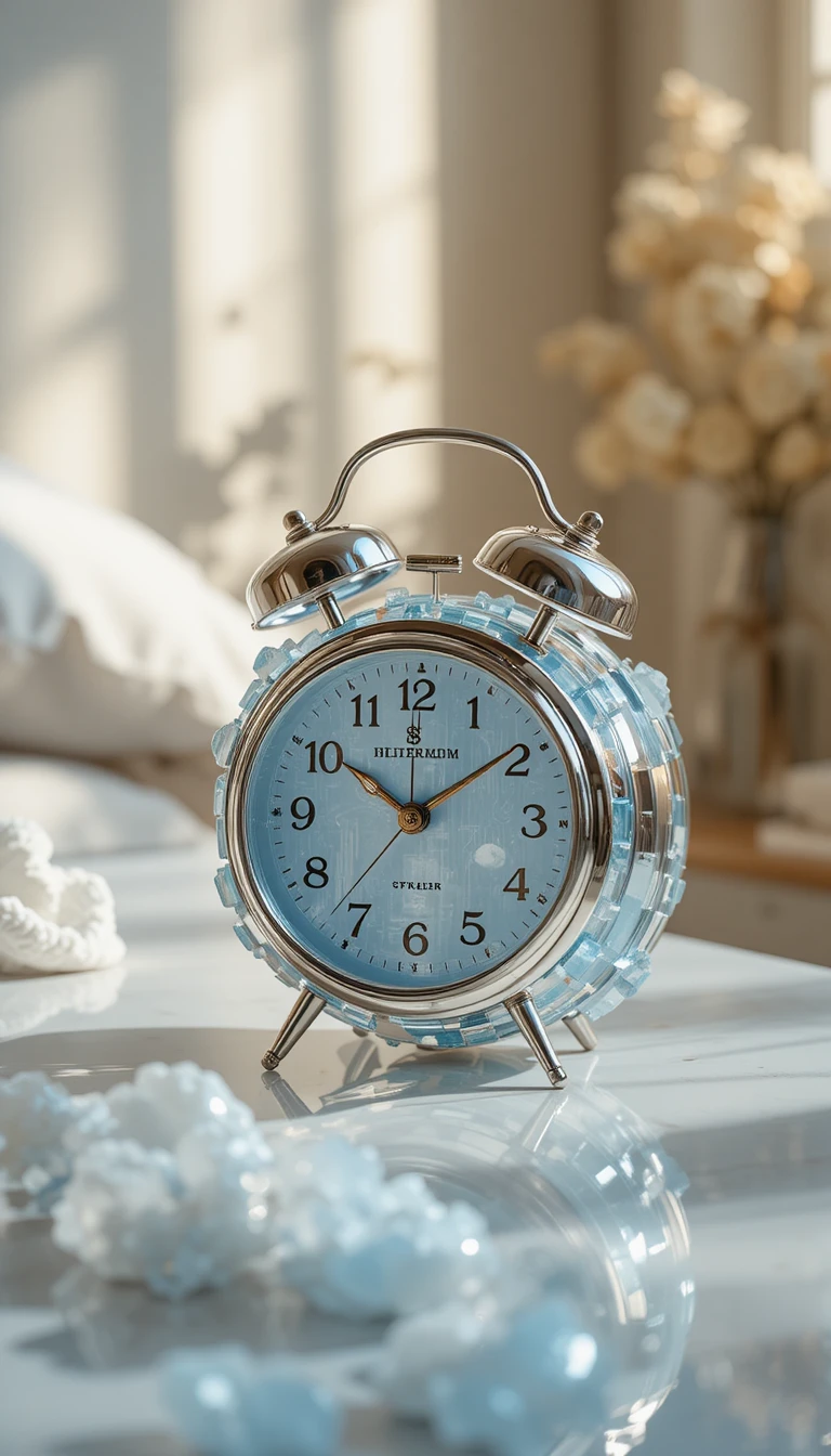 Crystal alarm clock on bedside table in soft morning light