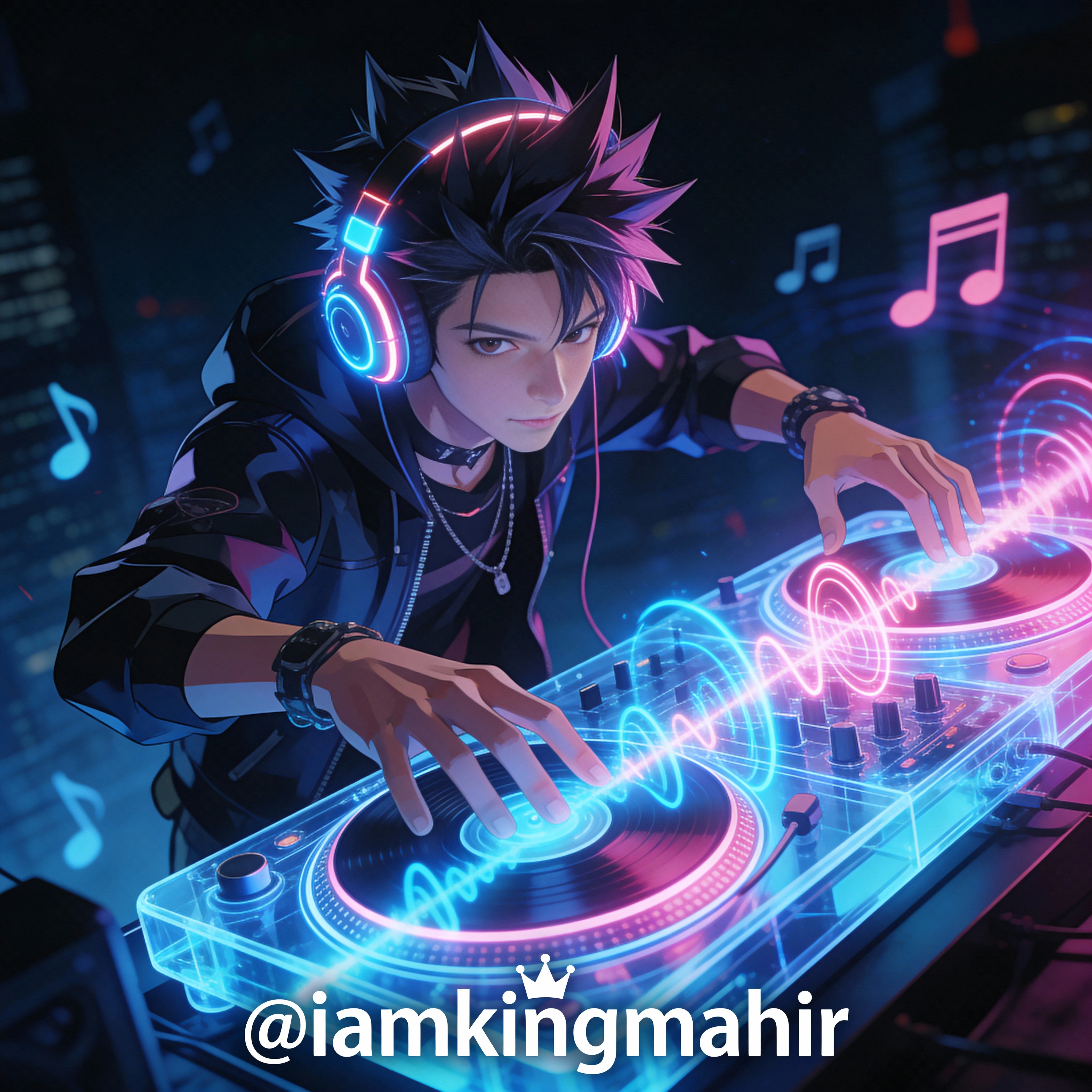 Anime-DJ mit Neonkopfhörern in cyberpunkartiger Stadtlandschaft