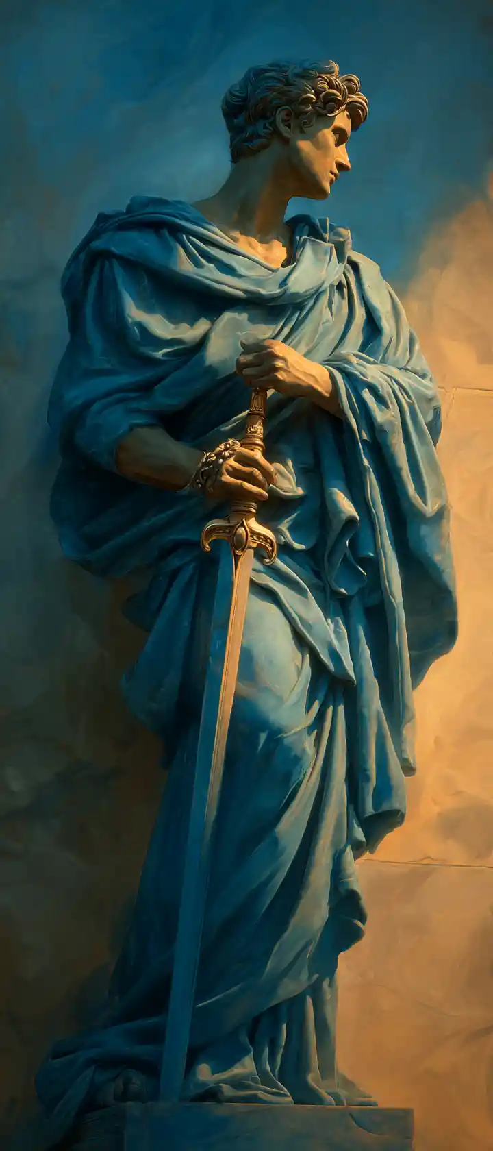 Guerriero classico in tunica blu con spada in mano
