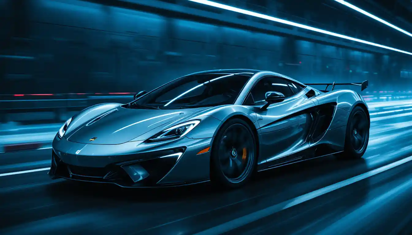 Carro esportivo prateado correndo por uma cena cyberpunk sombria