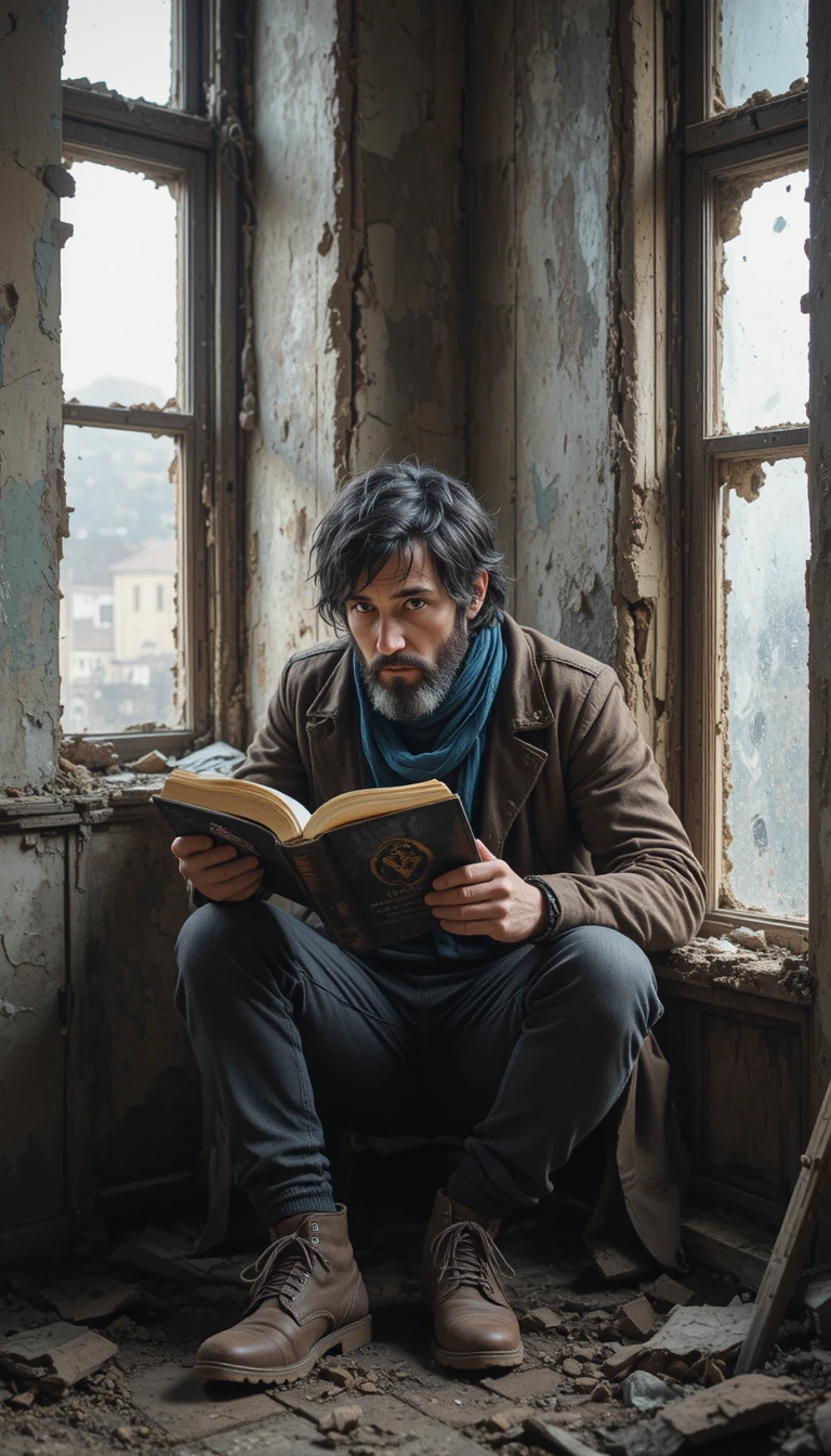 Hombre leyendo junto a una ventana rota en una habitación abandonada