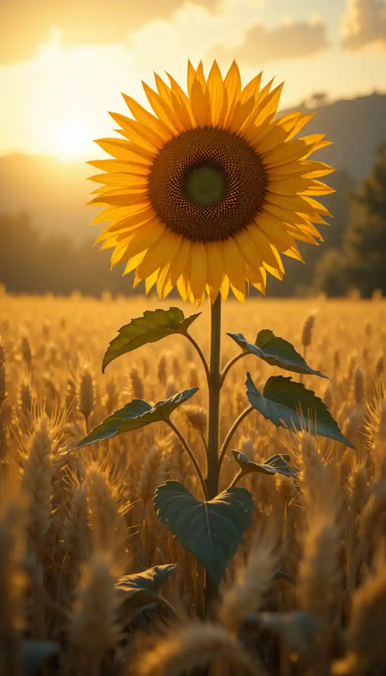 Girasol Elevándose Sobre un Campo de Trigo Dorado al Atardecer