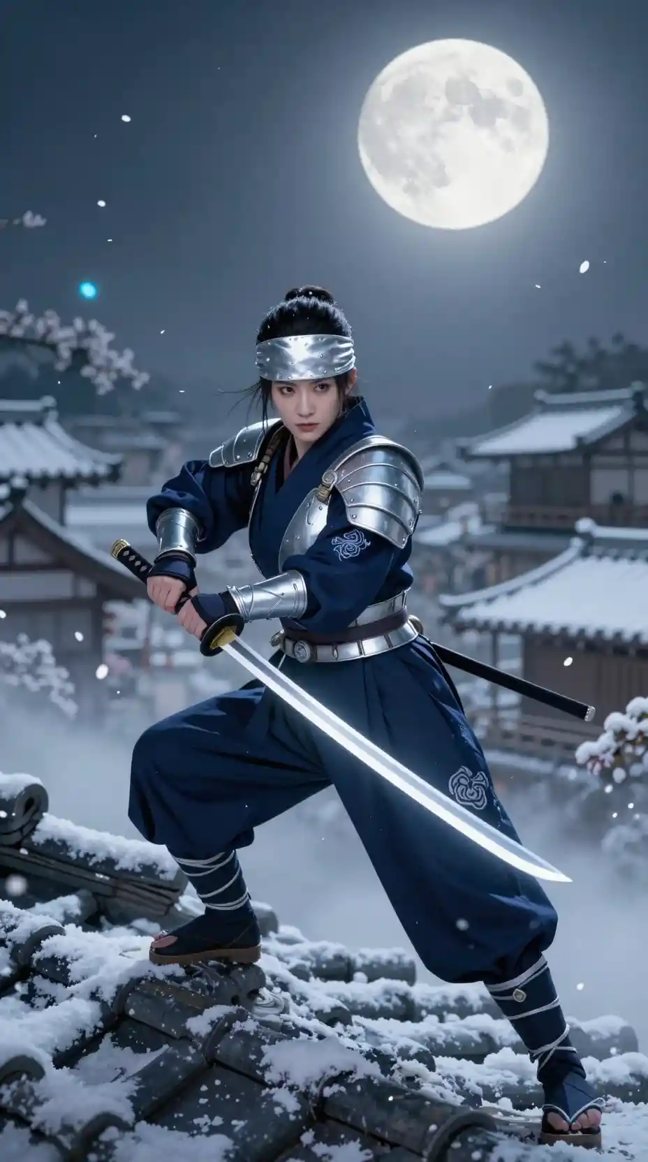 Shinobi femenina en un tejado a la luz de la luna con katana luminosa