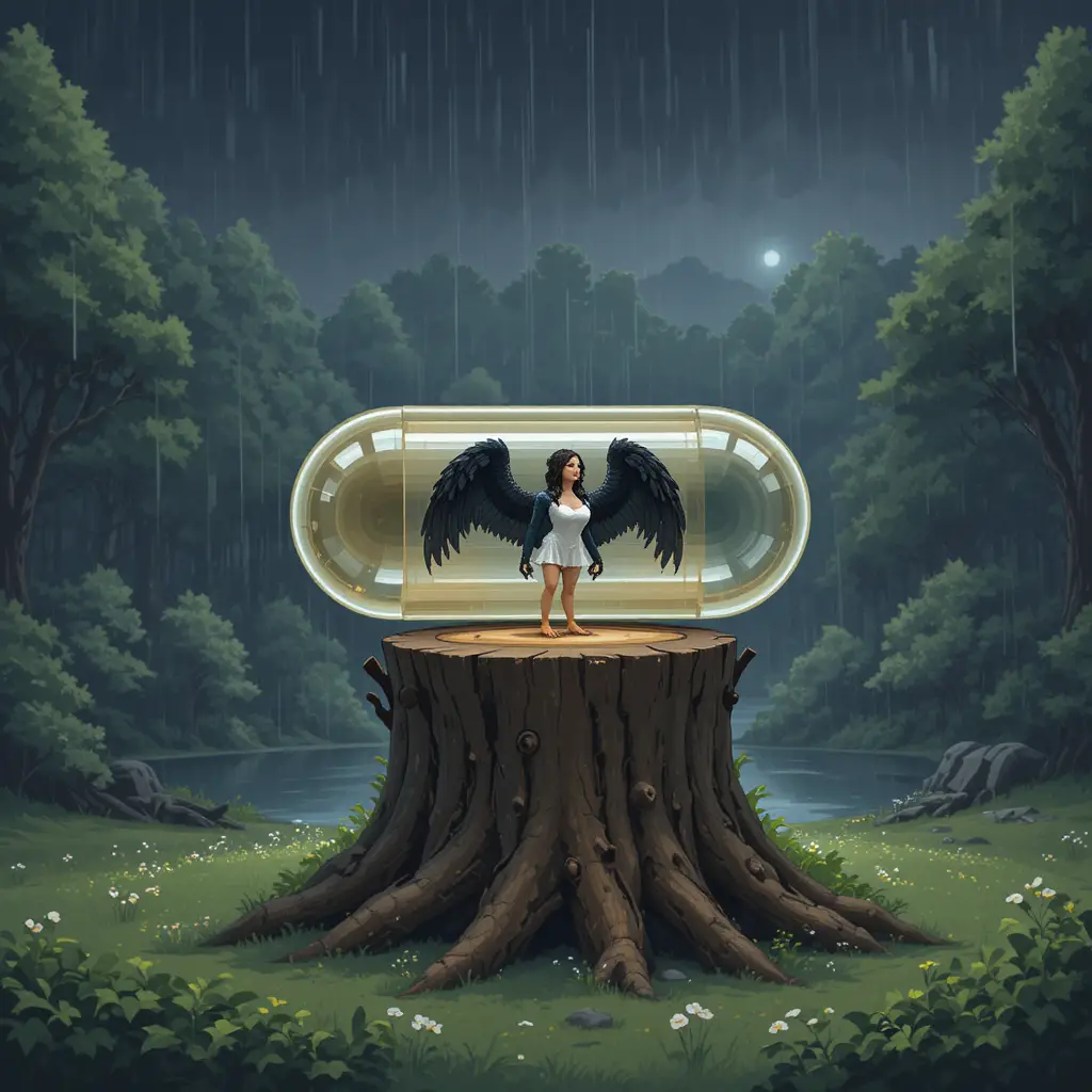 Floresta em pixel à noite com uma harpia em uma cápsula