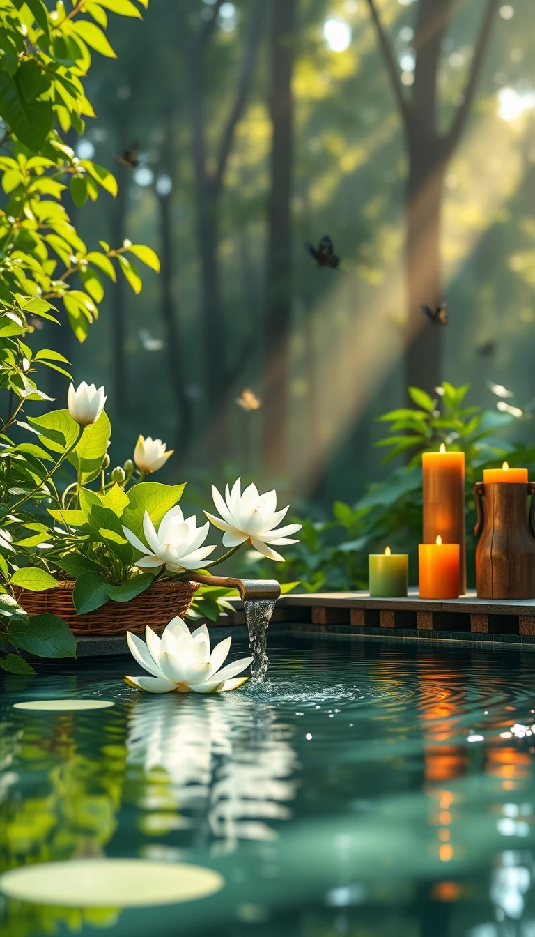 Cena de spa zen com flores de lótus e água de bambu