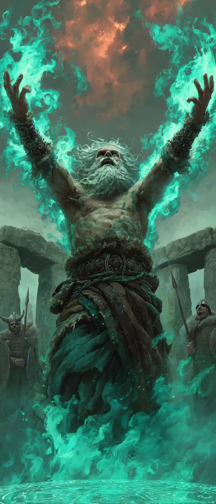 Ancient wizard summoning emerald flames in stone circle