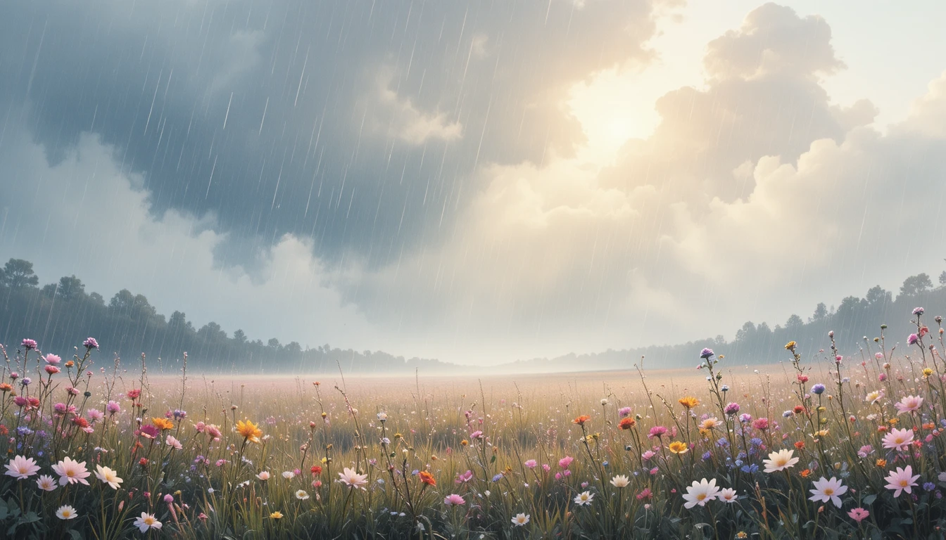 柔和細雨灑落在粉彩野花草原上