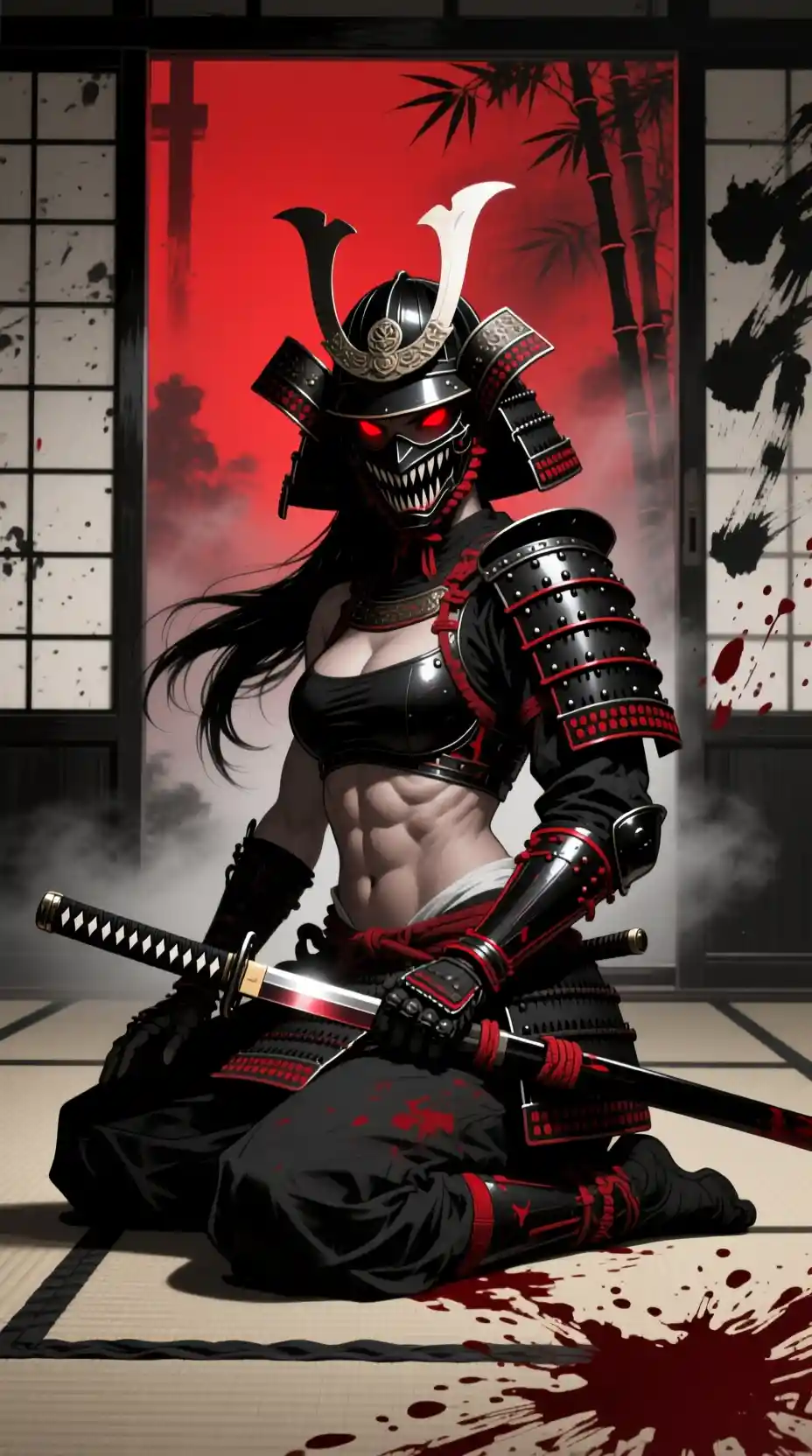 Samurai woman seated in armor on a shadowed tatami floor