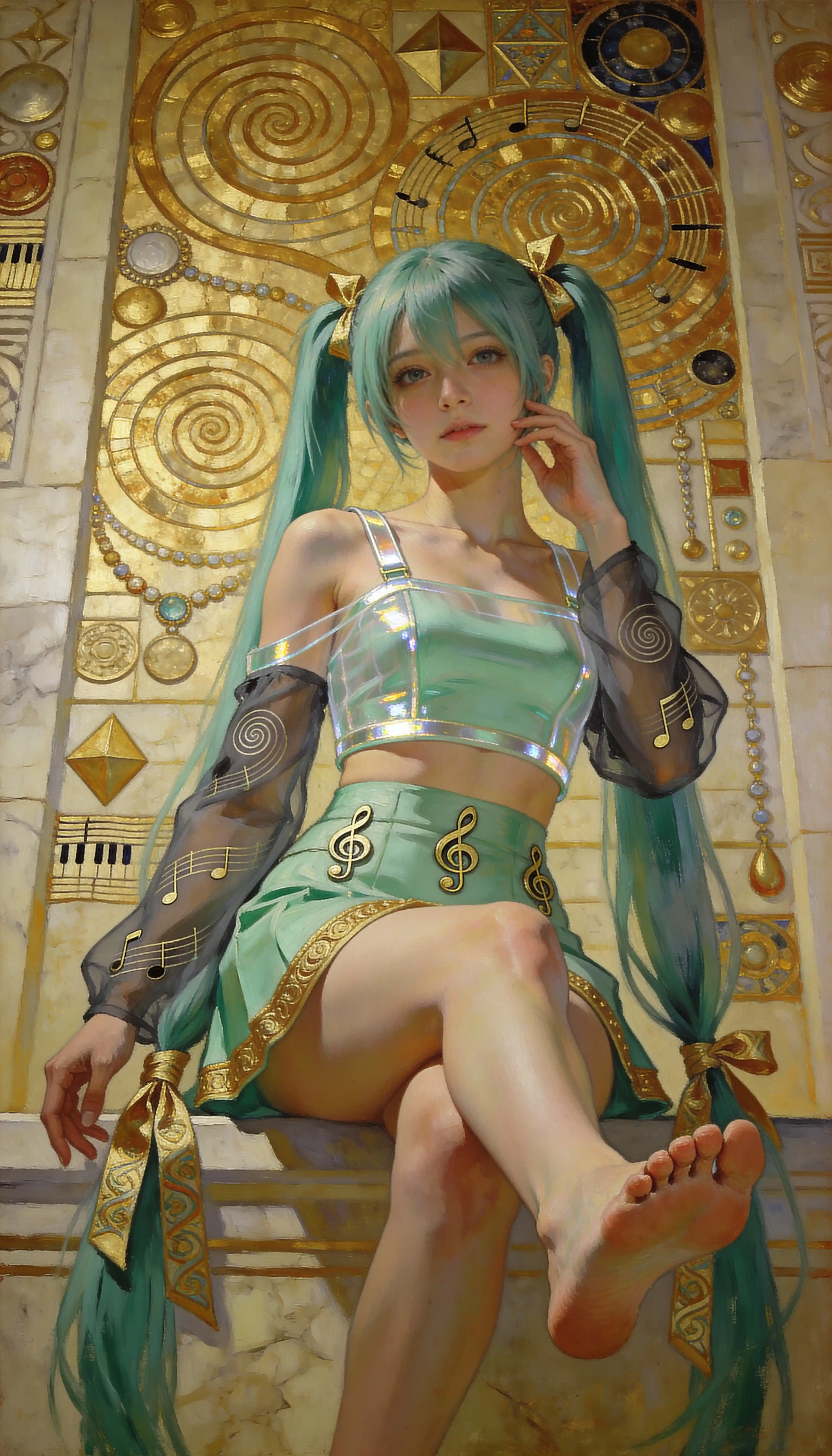 Seated anime girl in low angle view with golden abstract wall