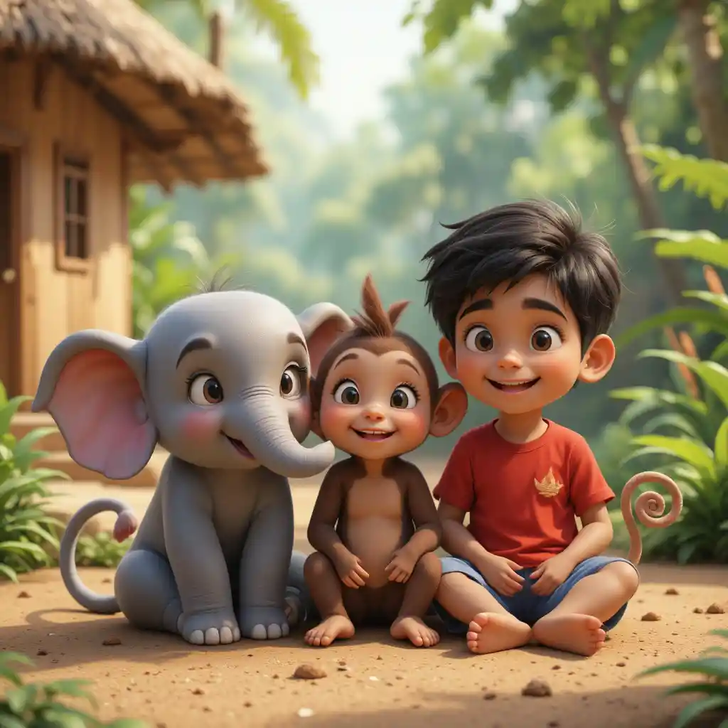 Tres adorables amigos sentados juntos junto a una cabaña en la jungla