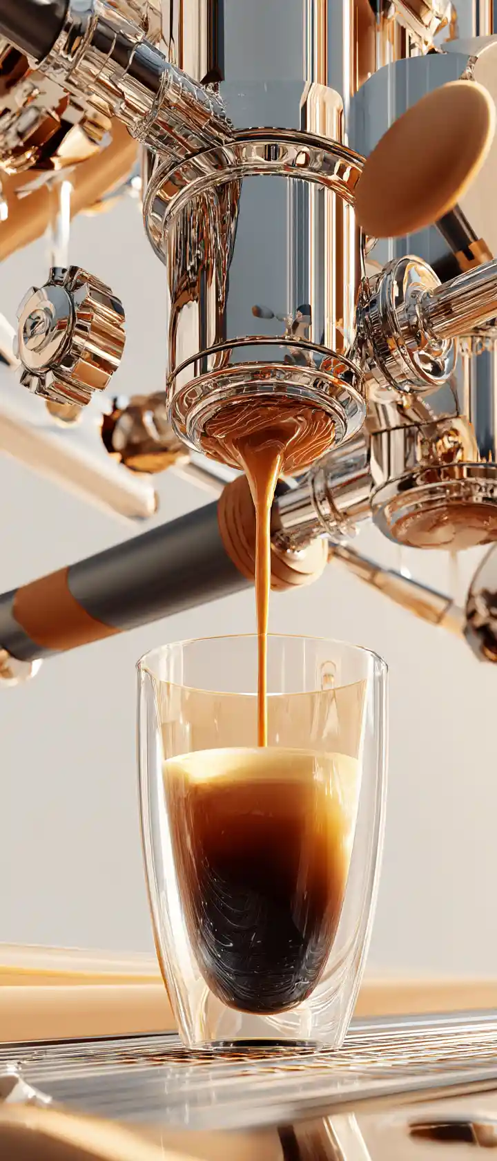 Dampfender Kaffee, der aus der Gewerbemaschine ins Glas gegossen wird