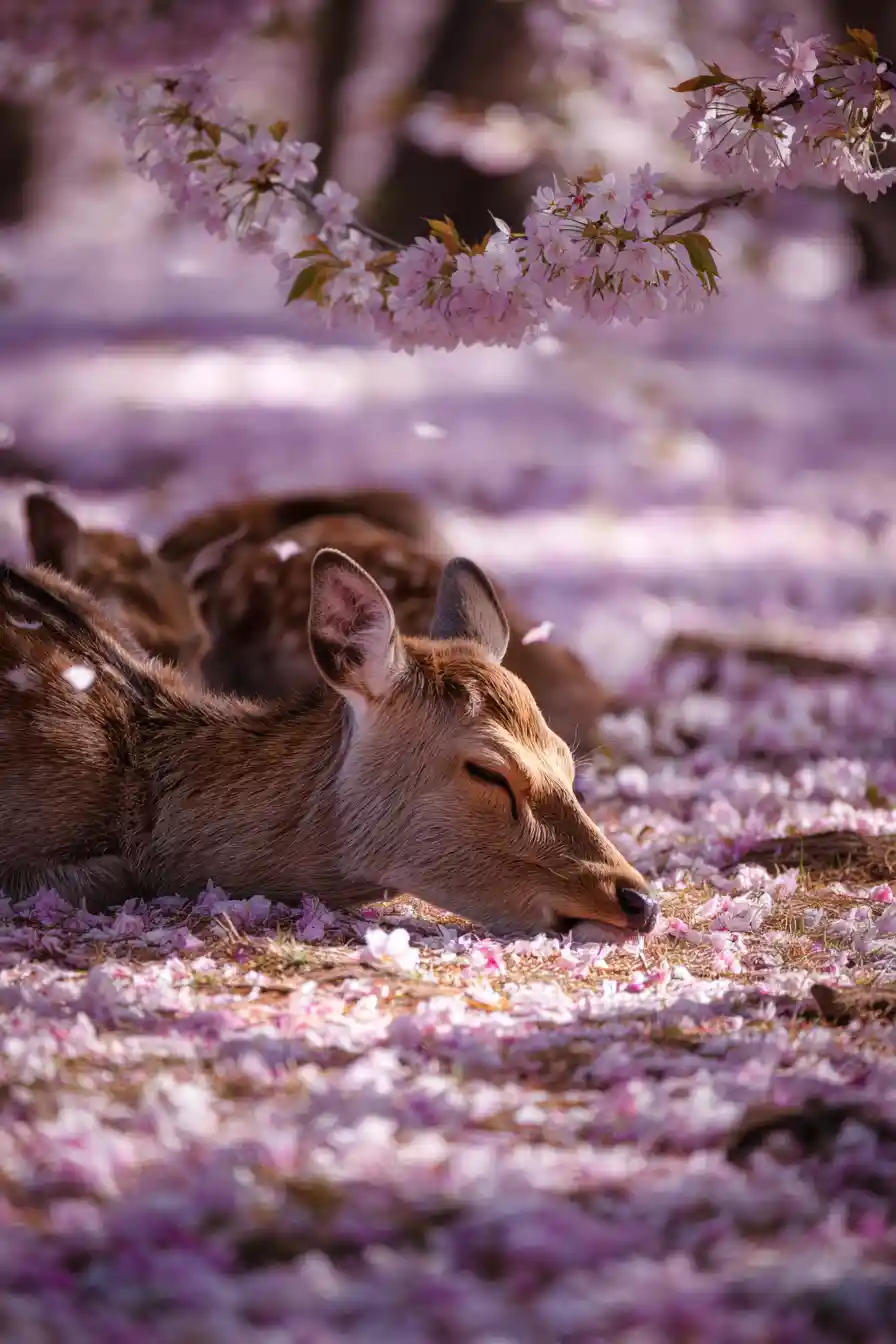 Cerfs sika se reposant sous les cerisiers en fleurs au parc de Nara