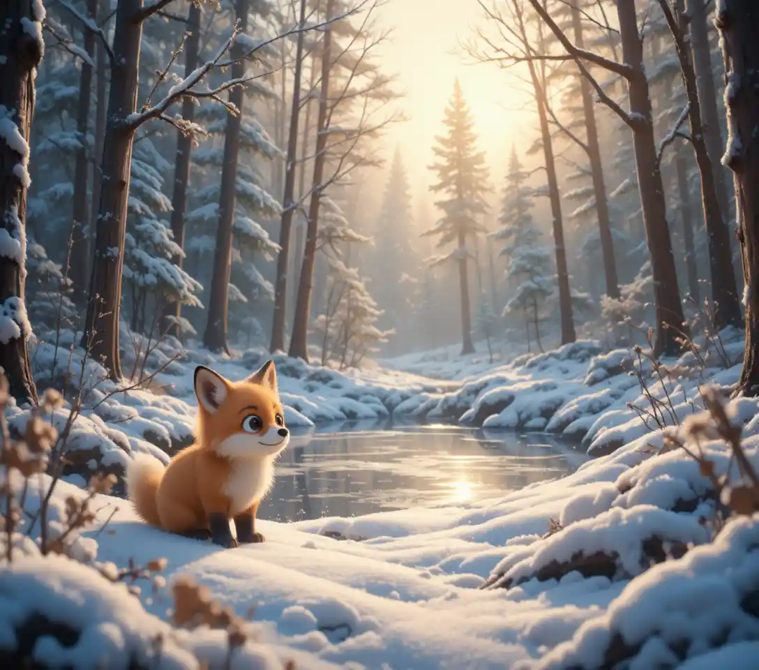 Filhote de raposa curioso explorando um lago na floresta de inverno nevada