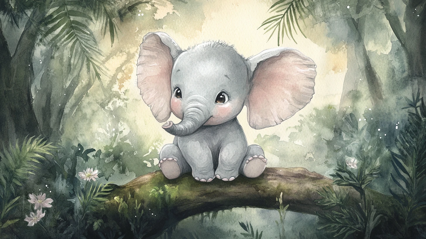 Filhote de elefante gordinho em uma selva mágica em aquarela
