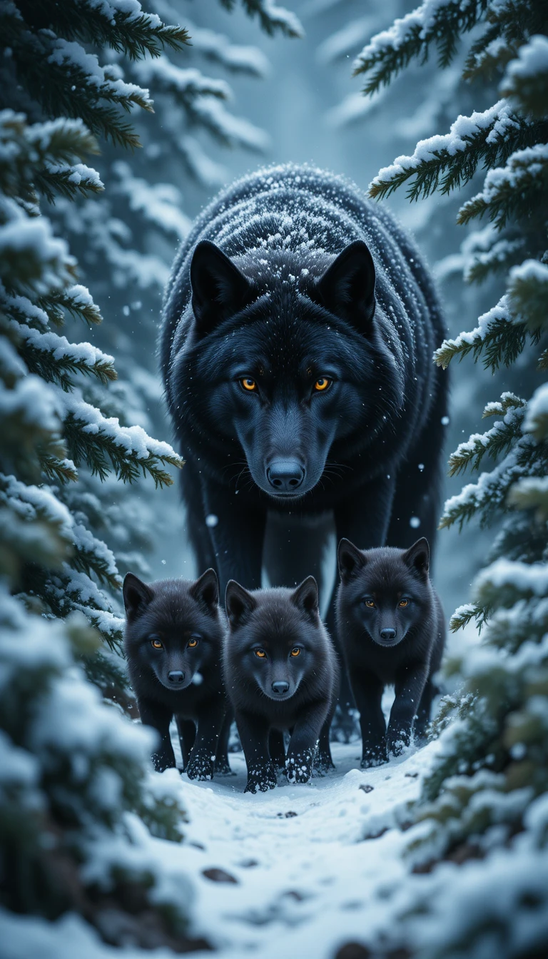 Lobo negro protetor guardando filhotes minúsculos em floresta nevada