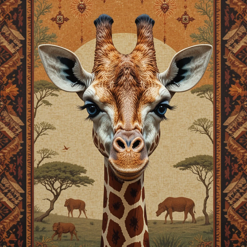 Blauäugige Giraffe vor einem Tribal-Savannen-Tapisserie-Hintergrund