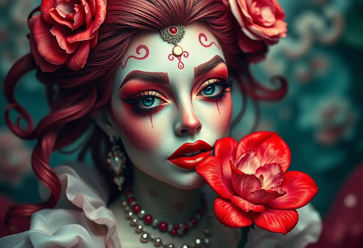 Verspielte Fantasiefrau mit rotem Lippenstift und Blume