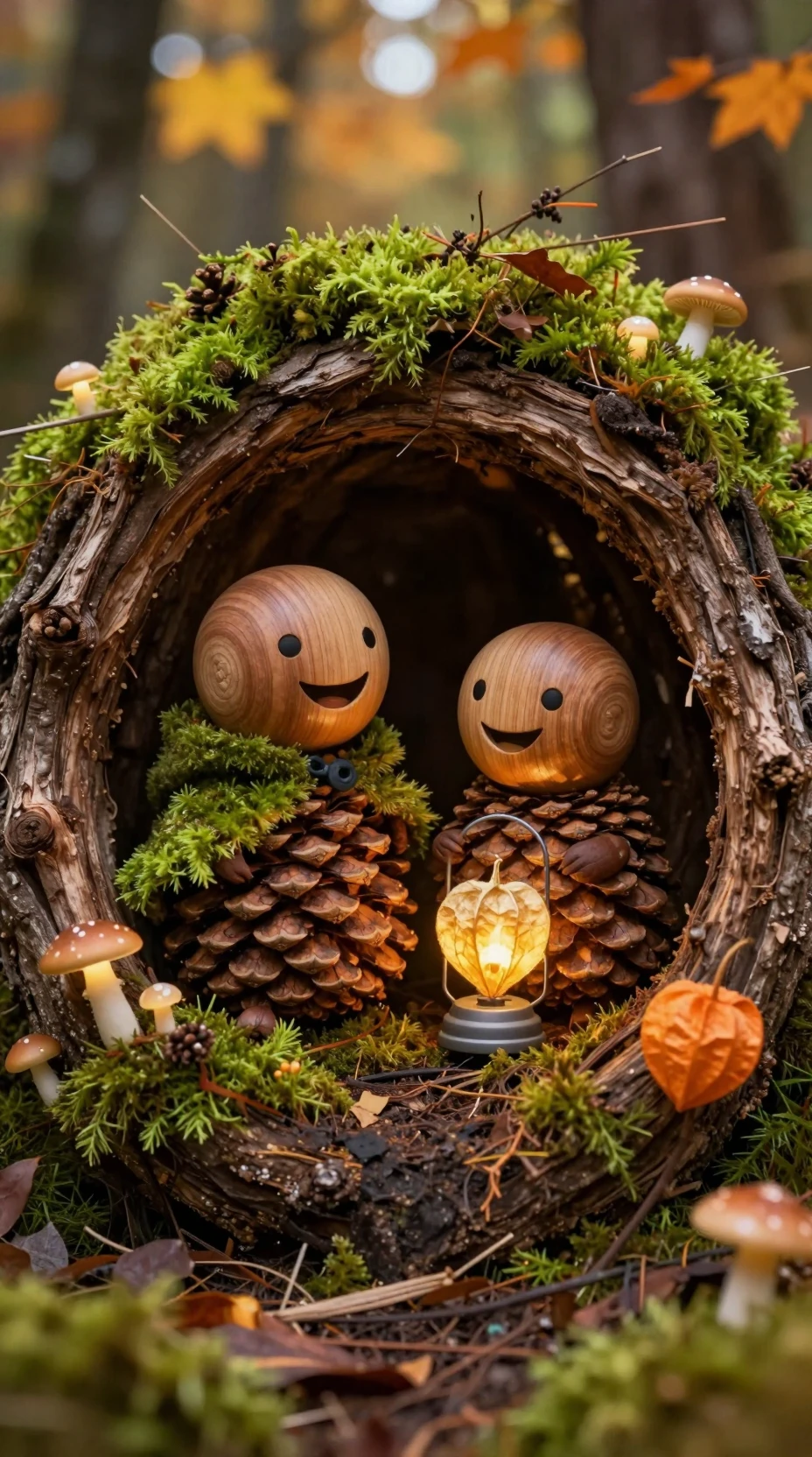 Tiny forest creatures with moss cloak and glowing lantern